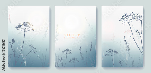 set of template brochure «foggy landscape  morning with hand painted wild herbs and flowers»