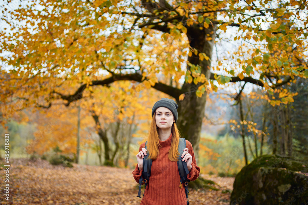 woman with a backpack walks in the autumn forest yellow leaves nature woman with a backpack walks in the autumn forest yellow leaves nature