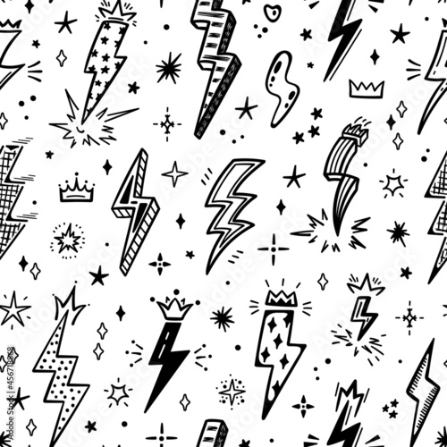 Lightning Bolt Signs Vector Seamless Pattern. Repeat Background with Hand Drawn Doodle Thunderbolts with crowns. Great for Girl Power design