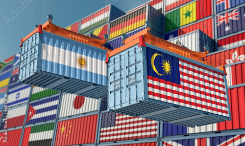 Freight containers with Argentina and Malaysia national flags. 3D Rendering 