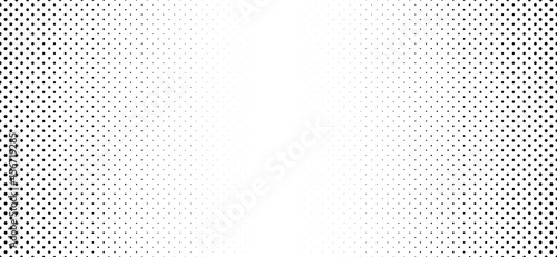 Black, gradient dot background. Black dot overlay. Flat vector pois, dots fade raster sign. Halftone circle texture. Round faded pattern. Retro, pop art. Seamless, geometric grid banner.  Dotted