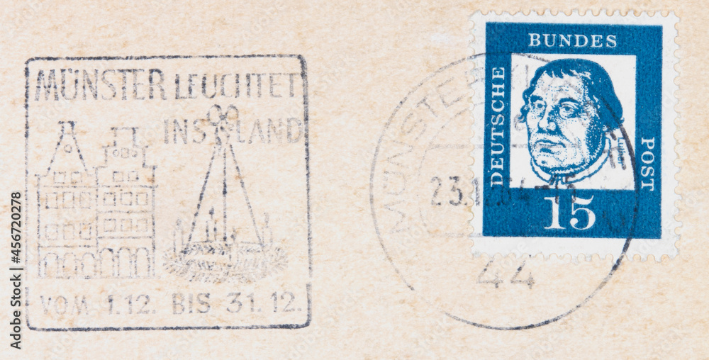  briefmarke stamp gestempelt used frankiert cancel luther blau blue münster leuchtet ins land weihnachten christmas adventskranz 1964 papier paper mann man 15