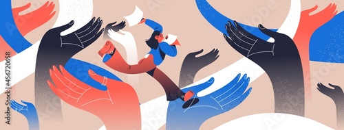 Community help concept illustration. Vector woman running with ideas and paper documents among various hand helping her