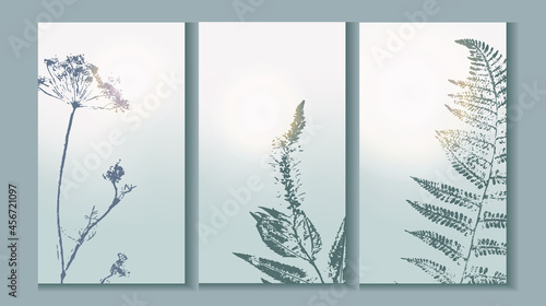 set of template brochure «foggy landscape  morning with hand painted wild herbs and flowers»