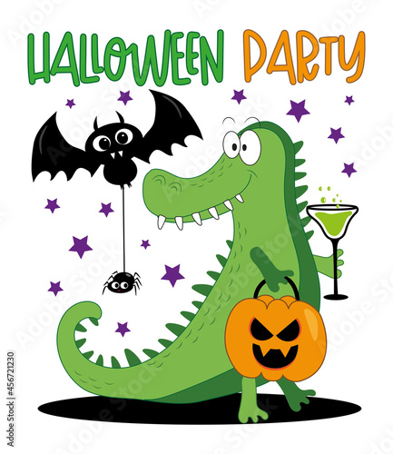 Halloween Party - happy bat   spider and cute alligator with pumpkin and elixir. Good for invitation card  poster  banner amd party decoration.