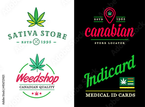 Set of Dispensary Medical Cannabis Marijuana Sign or Label Template in Vector. Sativa and Indica Strains. Fictitious Names for Example.