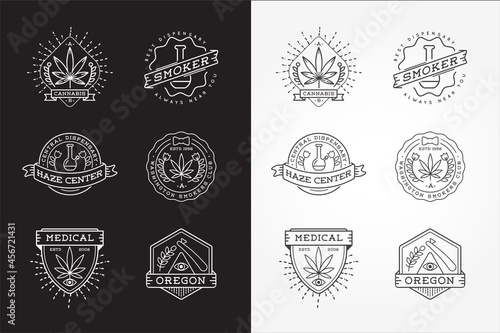 Set of Medical Cannabis Marijuana Sign or Label Template in Vector. Can be used as a Logotype. Fictitious Names for Example.