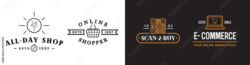 Set of Four E-Commerce Online Shopping Signs with Icons. Set of Four E-Commerce Online Shopping Signs with Icons.