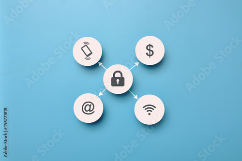 Paper circles with the image of icons: lock, Wi-Fi, phone, money and email address. Personal Data Protection Symbol