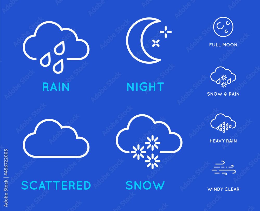 Set of Weather Related Line Icons. Contains Wind, Blizzard, Sun, Rain and more. Stroke Style.