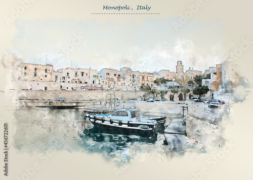 Fotografie Monopoli town port, Italy  in sketch style