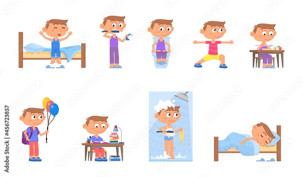 Boy daily activities. Cartoon kids routine, active morning kid. Child studying, eating and wake up. Bed time and children hygiene decent vector set Boy daily activities. Cartoon kids routine, active morning kid. Child studying, eating and wake up. Bed time and children hygiene decent vector set