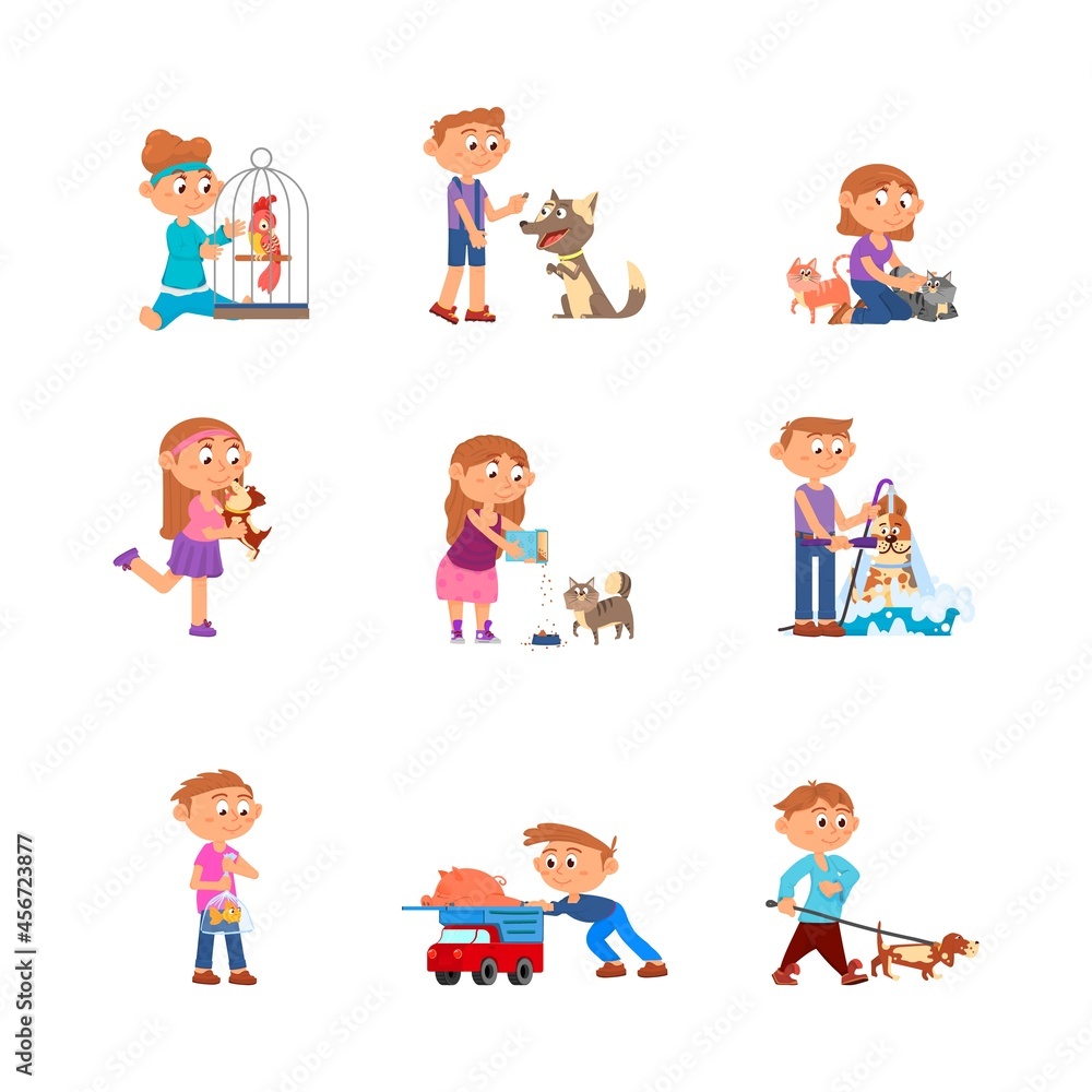 Children and pets. Kid with pet, child holding pig and bird. Toddler care about dogs and cats, cartoon isolated owner animals decent vector set