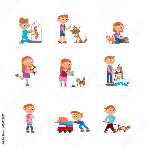 Children and pets. Kid with pet, child holding pig and bird. Toddler care about dogs and cats, cartoon isolated owner animals decent vector set