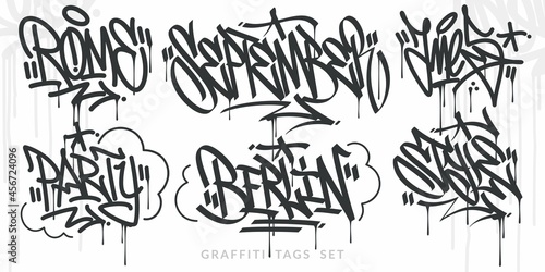 Flat Abstract Hip Hop Hand Written Urban Street Art Graffiti Style Words Vector Illustration Set