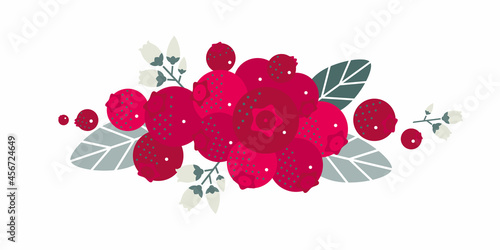 Lingonberry fruits. Flat illustration. Ripe berries, leaves and flowers. Illustration can use for jam, marmalade berry drink, berry filler, for label, packaging design, adv products and posters.