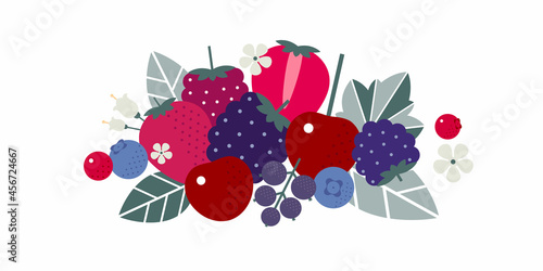 Berry mix. Flat illustration. Strawberry, cherry, blueberry, currant, lingonberry and raspberry. Ripe berries, leaves and flowers.