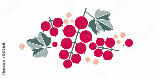Red currant berries. Flat illustration. Red berries, leaves and flowers. Illustration can use for jam, marmalade berry drink, berry filler, for label, packaging design, adv products and posters.