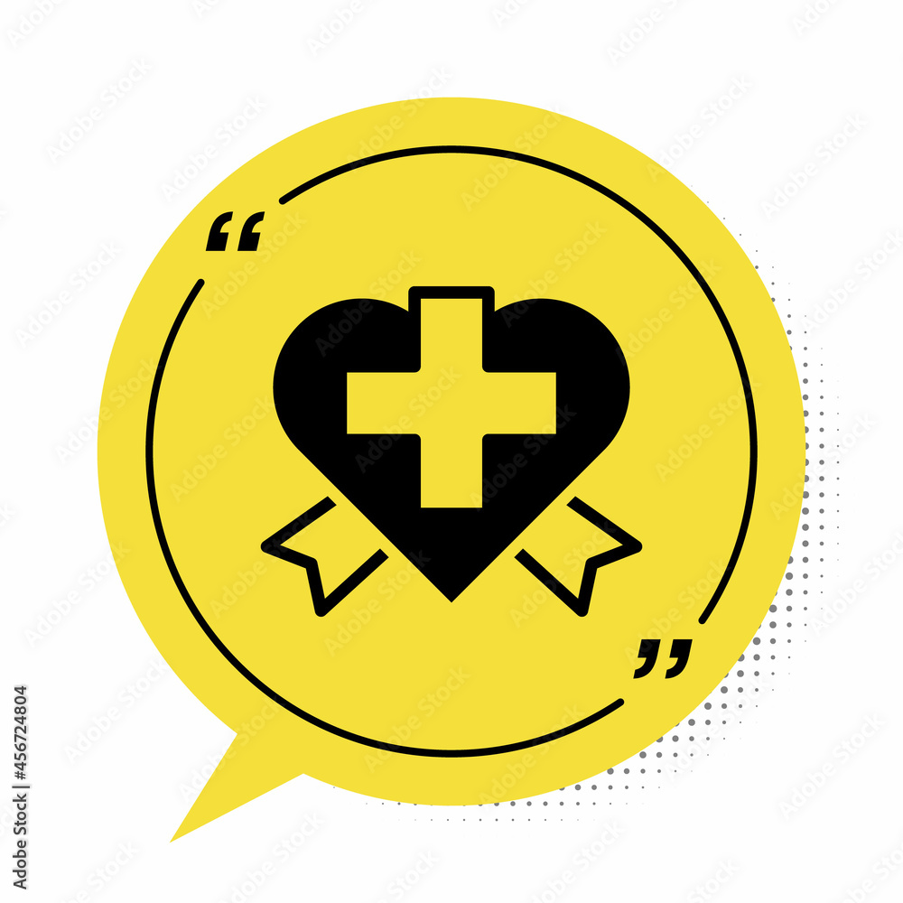 Fototapeta premium Black Heart with a cross icon isolated on white background. First aid. Healthcare, medical and pharmacy sign. Yellow speech bubble symbol. Vector
