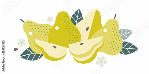 Pear fruits. Flat illustration. Whole and cut fruits, leaves, pear pits and flowers. Illustration can use for jam, marmalade fruit drink, fruit filler, for label, packaging design, adv products.