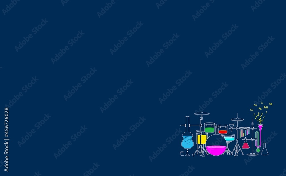 Background for a presentation on chemistry. Chemical laboratory. Abstract illustration of chemical dishes in the form of musical instruments on a blue background and free space for text .