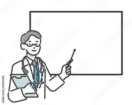 指示棒を持ってホワイトボードで患者に説明する医者のベクターイラスト素材／薬剤師／医師
