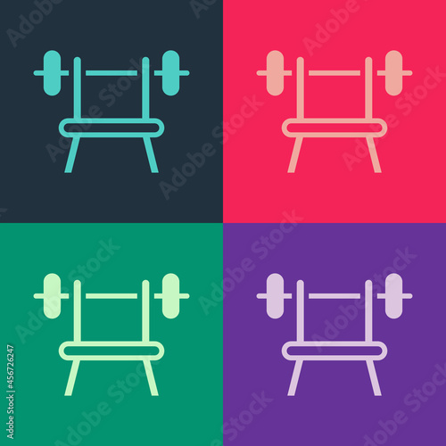 Pop art Bench with barbell icon isolated on color background. Gym equipment. Bodybuilding, powerlifting, fitness concept. Vector