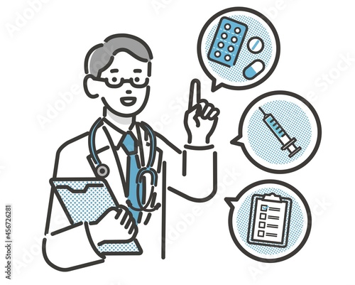患者に薬や病気などの説明する医者のベクターイラスト素材／薬剤師／医師