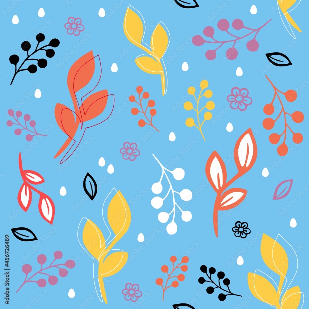 Vector seamless pattern. For textile or print. Blue background. Blue, red, yellow black and white elements.