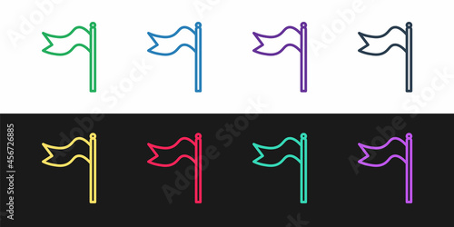 Set line Meteorology windsock wind vane icon isolated on black and white background. Windsock indicate the direction and strength of the wind. Vector Illustration