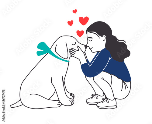 Girl with puppy. Pretty dog and little girl commumion, cute happy kid hugging pet, children love pets friendship lifestyle vector illustration