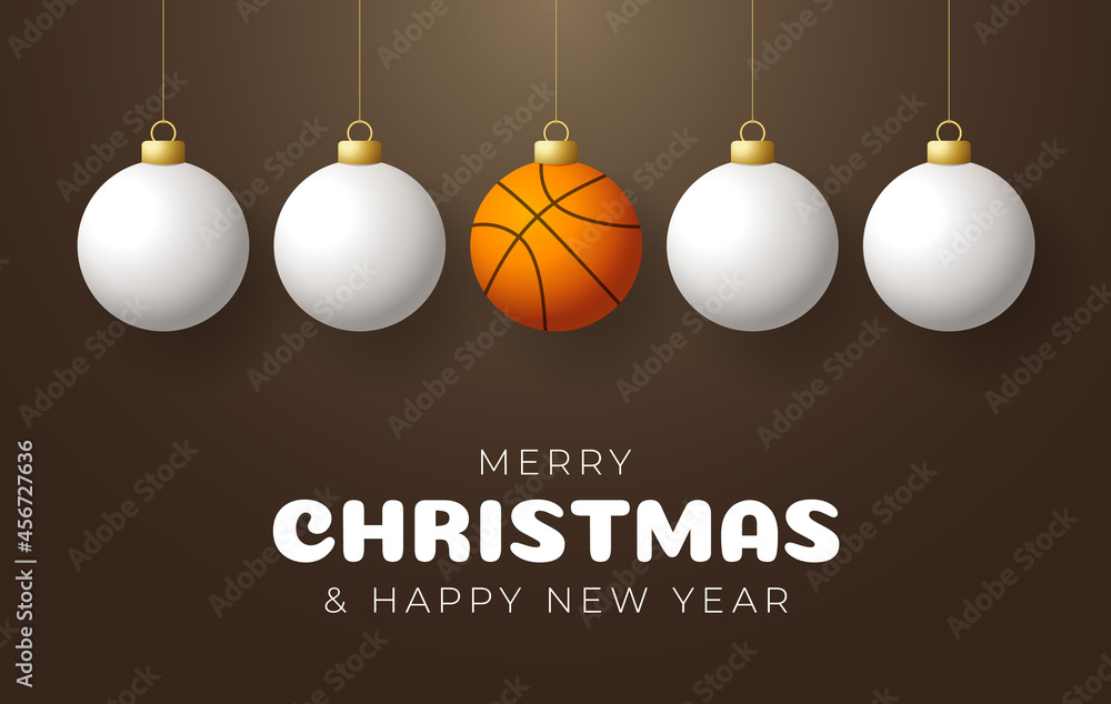 basketball Merry Christmas and Happy New Year Sport greeting card. basketball ball as a Christmas ball on color background. Vector illustration.
