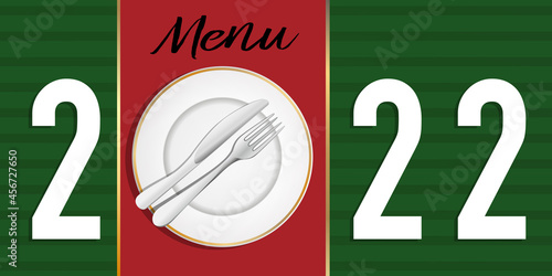 Carte de vœux 2022 pour présenter le menu gastronomique pour fête de noël avec une assiette blanche et des couverts.