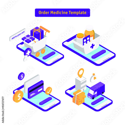 Order Medicine Website Template. Modern Flat Vector Illustrations. Landing Page. Social Media Concept.