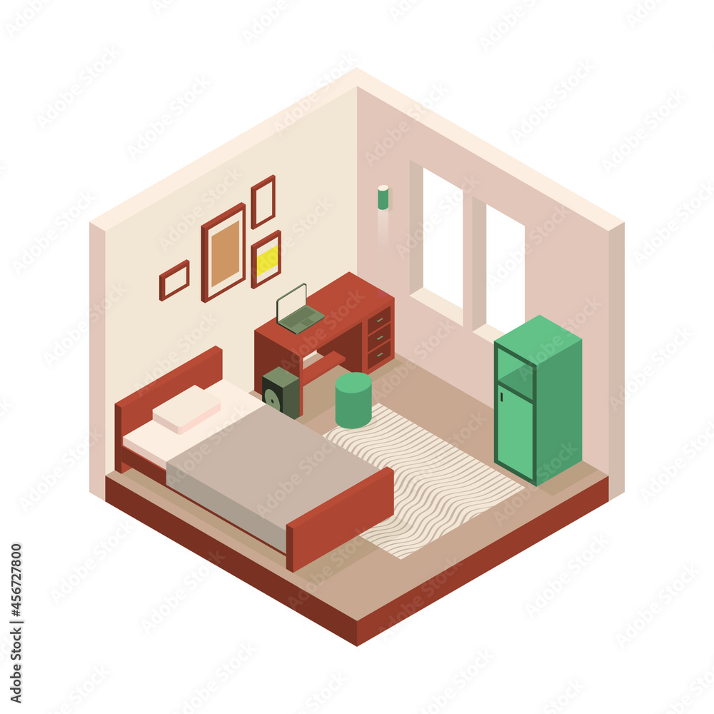 Vector isometric low poly cozy bed room with various furniture. Vector isometric low poly cozy bed room with various furniture.