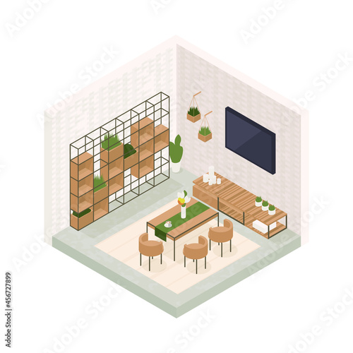 Vector isometric low poly cozy living room with various furniture.