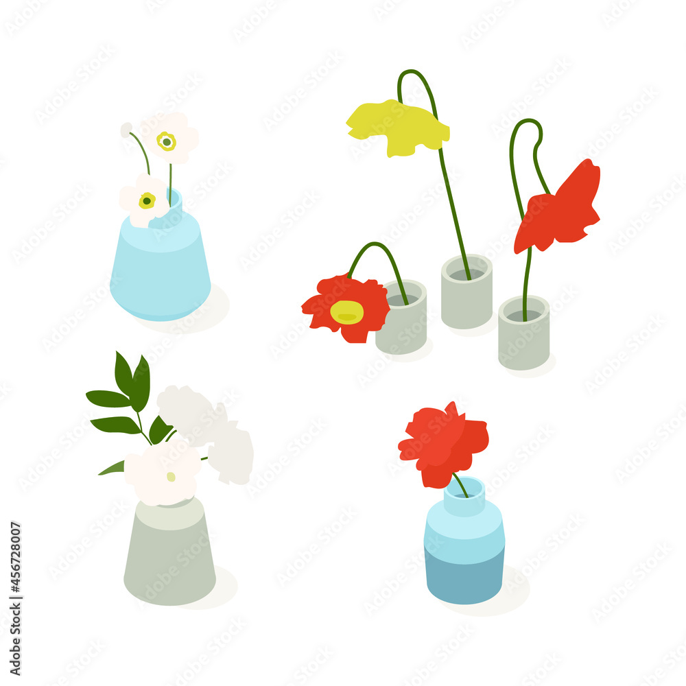 Set of Vector Isometric Low Poly Plants and Flowers in Various Vases.