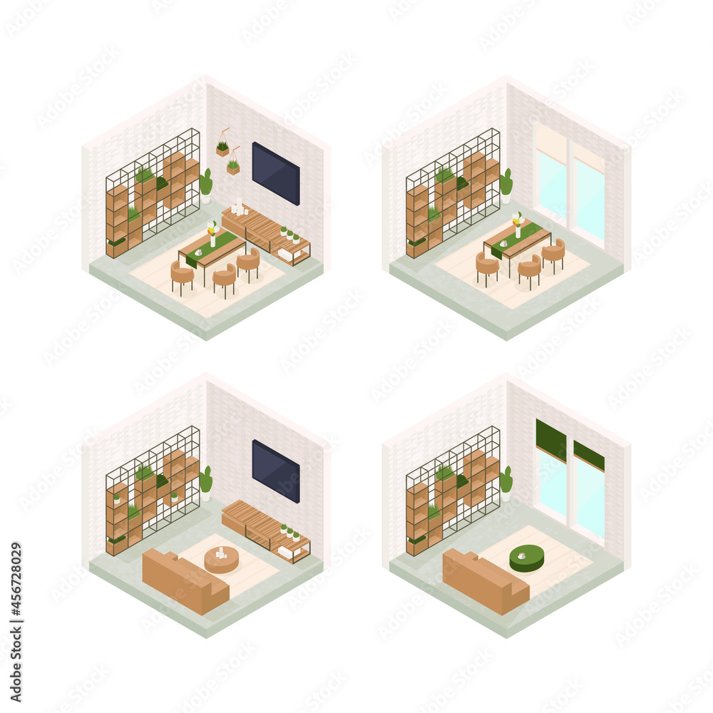 Naklejka premium Set of vector isometric low poly cozy rooms with various furniture.