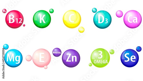 Vitamins, minerals A, B12, C, D3, E, selenium, calcium, magnesium, zinc. Set of 3d icons. Capsules, vitamin complex. The concept of a healthy lifestyle, nutrition. Collection of round signs. Vector .	