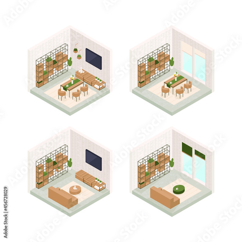 Set of vector isometric low poly cozy rooms with various furniture.