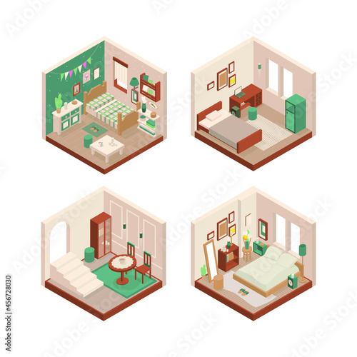 Set of vector isometric low poly cozy rooms with various furniture. © dot_studio