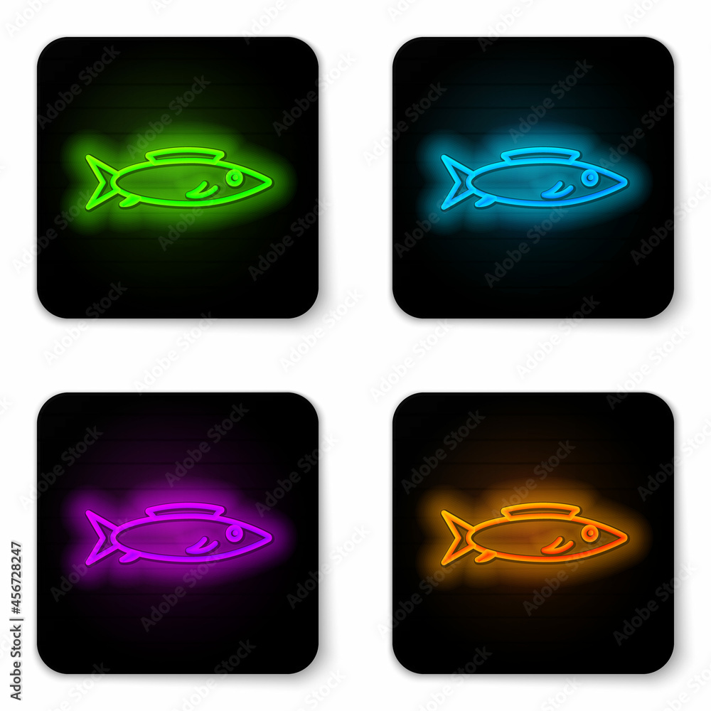 Glowing neon line Fish icon isolated on white background. Black square button. Vector. Glowing neon line Fish icon isolated on white background. Black square button. Vector.