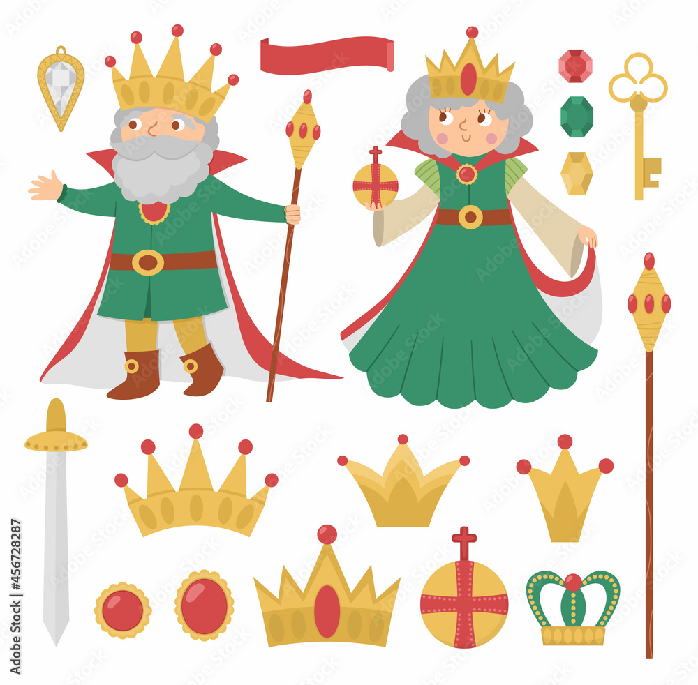 Naklejka premium Fairy tale queen and king collection. Vector set of fantasy monarchs with crowns, sward, sovereign authority symbols. Medieval fairytale prince pack. Cartoon magic icons with cute characters.