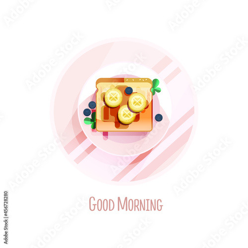 Good morning card. Poster concept. Bread with peanut butter and banana slices on it with blueberries and leaves on a beautiful plate. Pastel Colors. 