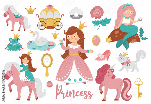 Fairy tale princess collection. Big vector set of fantasy girl, carriage, mermaid, unicorn frog prince, swan. Medieval fairytale maid pack. Girlish cartoon magic icons with cute characters