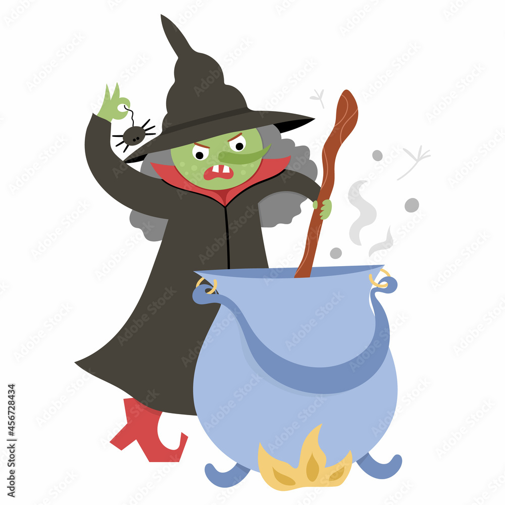 Fairy tale vector green witch with cauldron preparing potion. Fantasy sorceress in tall hat isolated on white background. Fairytale or Halloween character. Cartoon magic icon. - obrazy, fototapety, plakaty 