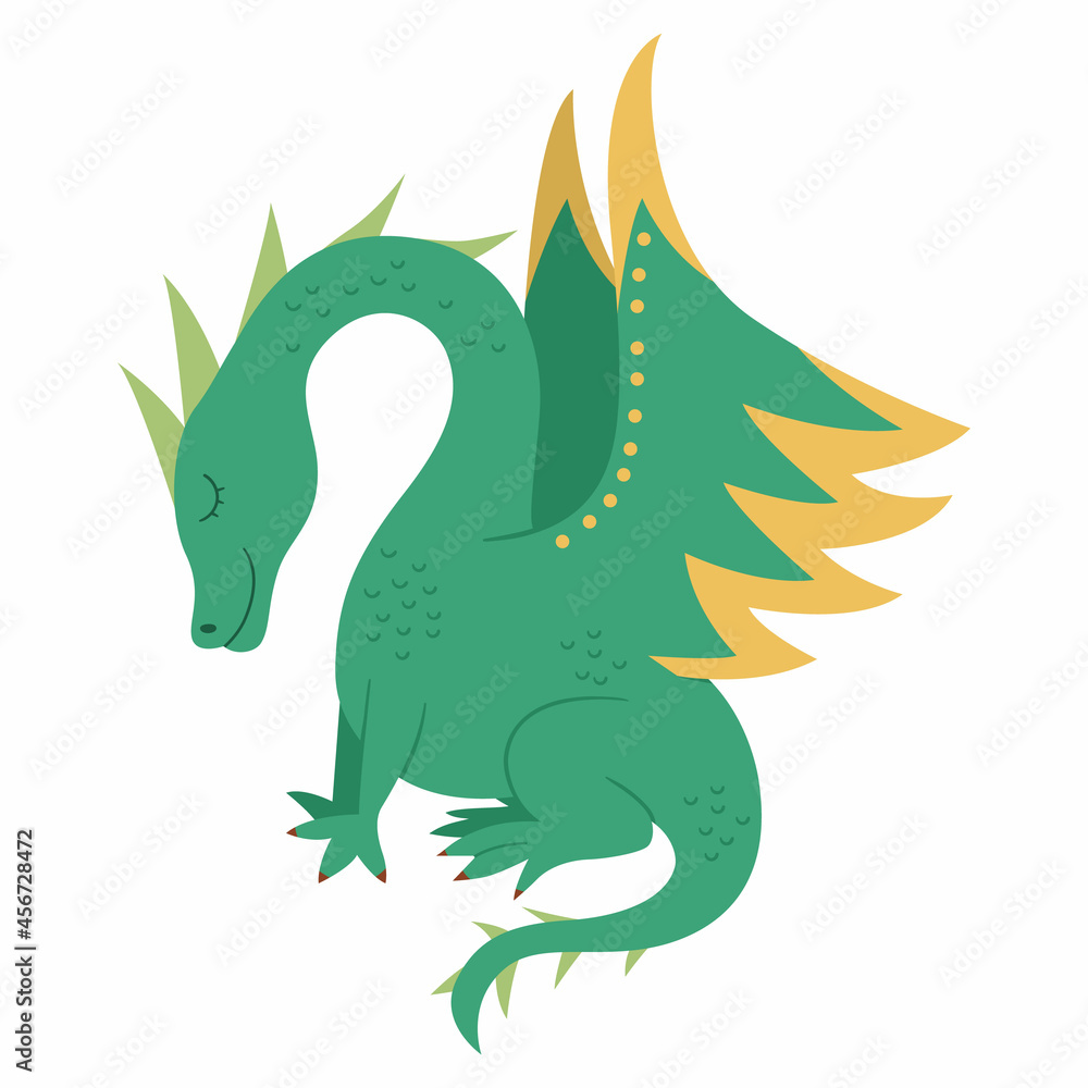 Naklejka premium Fairy tale green dragon isolated on white background. Vector fantasy animal with closed eyes. Medieval fairytale character. Cartoon magic icon.