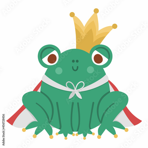 Fairy tale frog prince with crown and mantle isolated on white background. Vector fantasy animal in royal clothes. Medieval fairytale character. Cartoon magic sovereign icon.