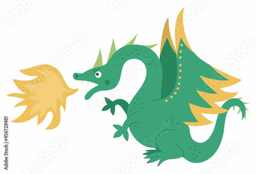 Fototapeta Naklejka Na Ścianę i Meble -  Fairy tale green dragon breathing out fire isolated on white background. Vector fantasy animal. Medieval fairytale character. Cartoon magic icon.