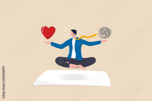 Stress management balance between work concentration and mental health, work life balance or meditation and relax, businessman meditate floating balancing messy chaos and work passion heart shape.